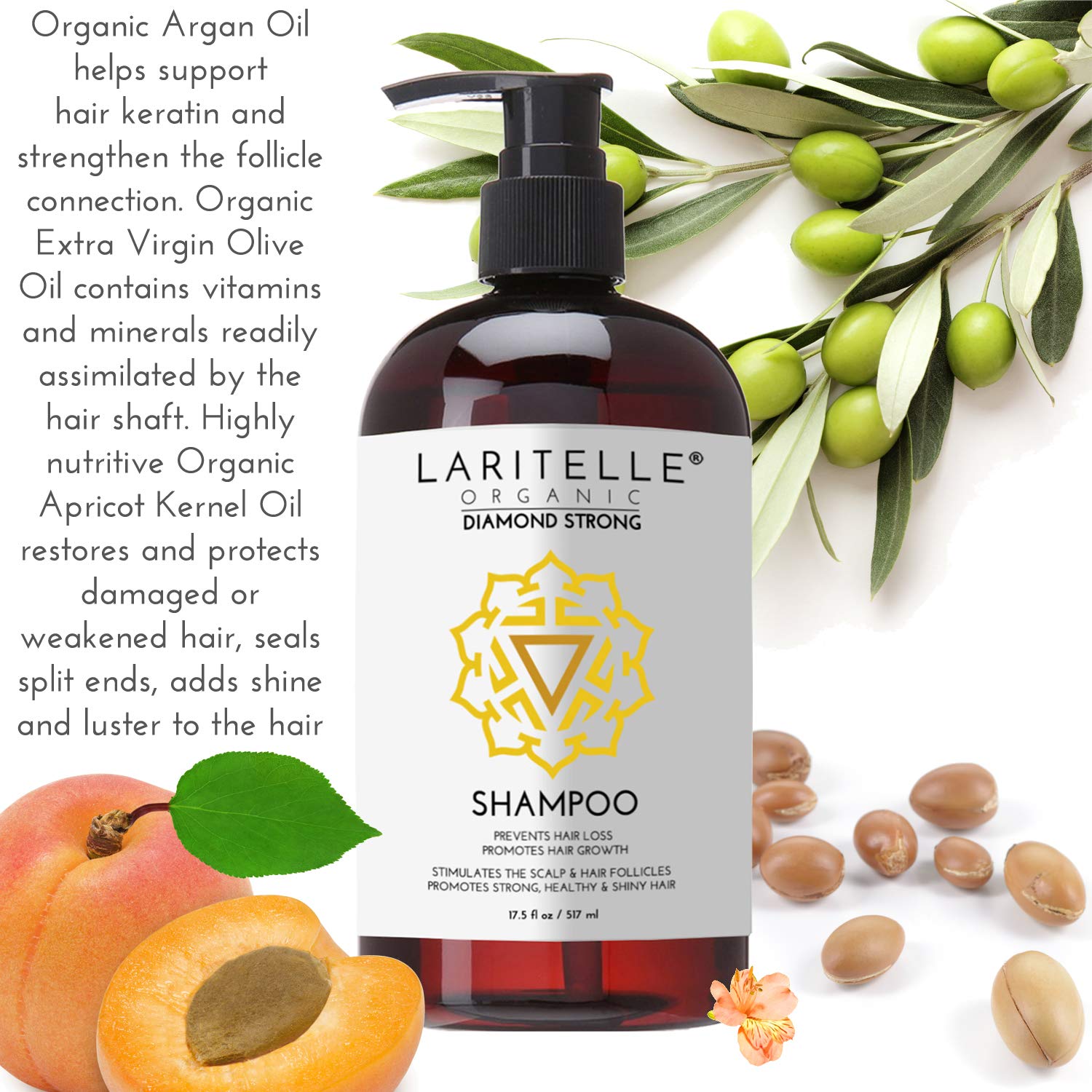 Laritelle Organic Shampoo 17.5 oz. Argan Oil, Ginger, Cedarwood. Promotes Hair Growth, Prevents Hair Loss. GF